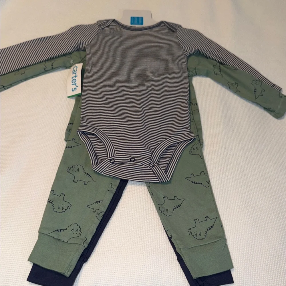 Carter's Baby 4 pcs Layette Set Olive Green and Blue Dino and Stripes 18 Months